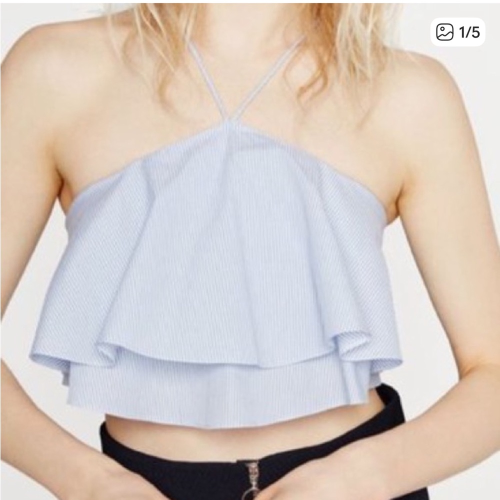 Zara Women’s Halter Neck Crop Top Size M Blue White Striped Cropped Pre-Owned